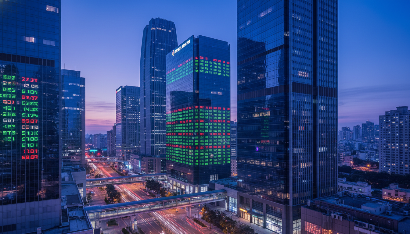 A wide-angle, photorealistic shot of a modern financial district at twilight, with skyscrapers displaying digital stock tickers and blue-toned ambient lighting reflecting on glass facades.