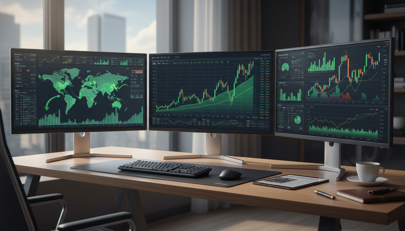 A sophisticated financial analyst's workspace with multiple high-resolution monitors displaying complex stock market charts, green upward trends, and global economic maps, shot in a professional, modern office setting with soft natural lighting, photorealistic style.