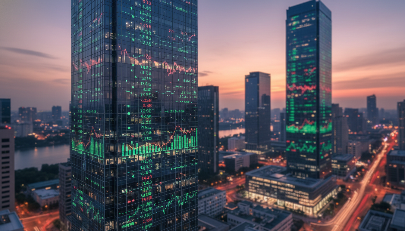 A professional wide-angle shot of a modern financial district at dusk, featuring sleek glass skyscrapers with integrated digital displays showing green and red market trend lines against a twilight sky, captured with a shallow depth of field, photorealistic style.