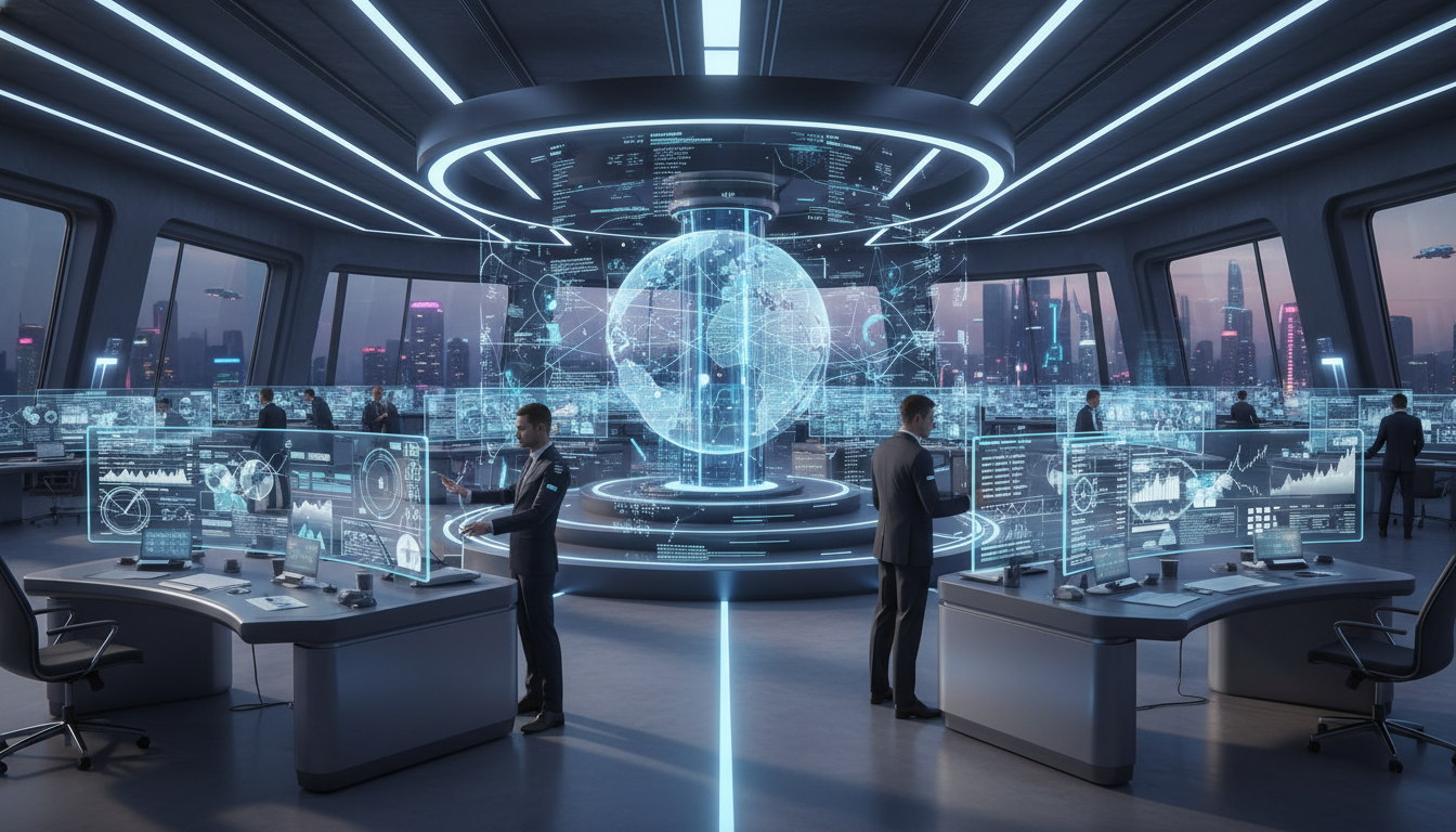 A professional high-tech trading floor in 2026 with holographic data displays showing complex neural network patterns and real-time global market trends, cinematic lighting, ultra-detailed 8k resolution.