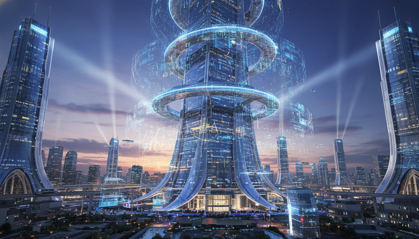 A wide shot of a modern, futuristic financial exchange building with digital streams of data flowing through the architecture, 8k resolution, photorealistic, cinematic lighting.