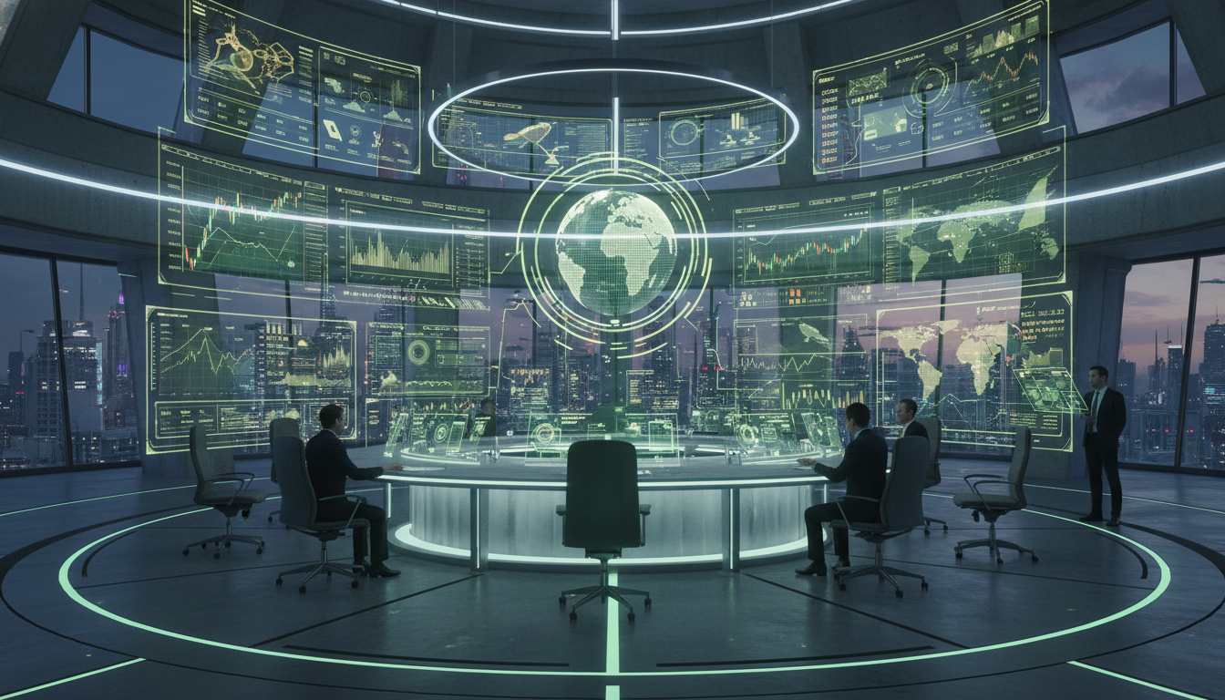 A high-tech financial command center in the year 2026 featuring expansive holographic displays of global market data and green and gold financial charts, ultra-modern interior design, cinematic lighting, 8k resolution photorealistic style.
