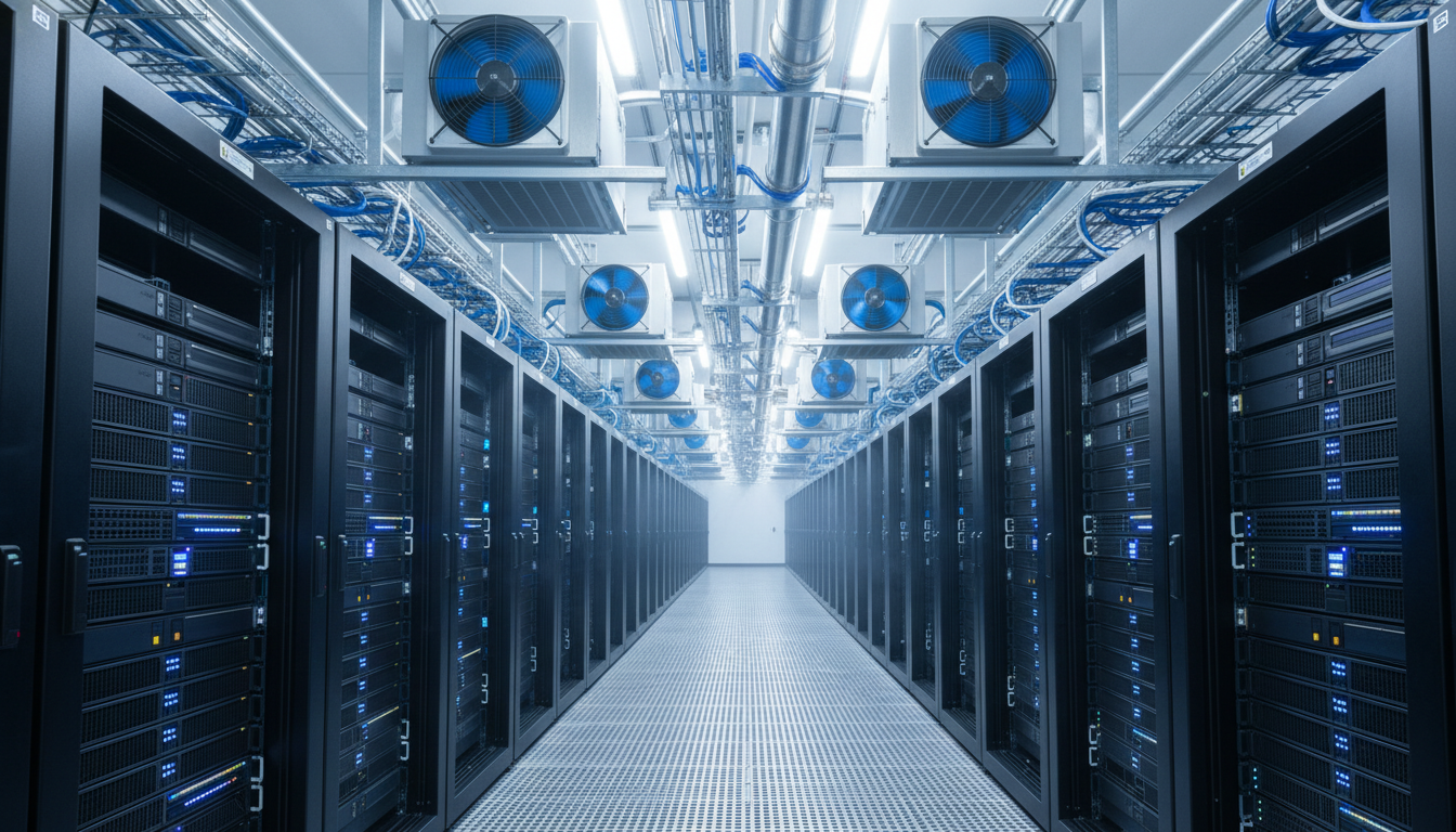 A wide-angle, photorealistic shot of a modern data center interior with rows of glowing server racks and high-tech cooling systems, emphasizing blue and white professional lighting, 8k resolution.