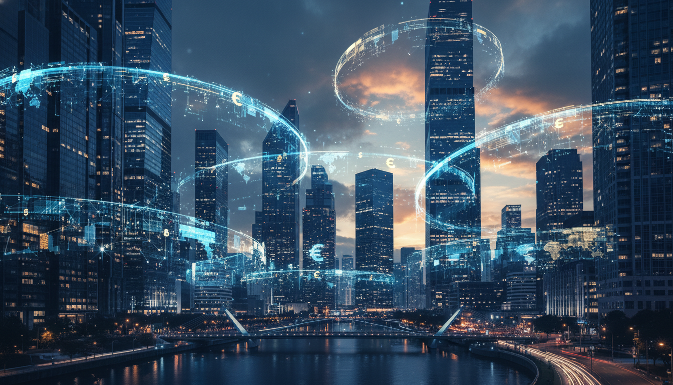 A professional high-tech financial district skyline at dusk with blue and gold lighting, featuring digital data streams flowing through the air representing global connectivity, photorealistic, 8k resolution, cinematic lighting.