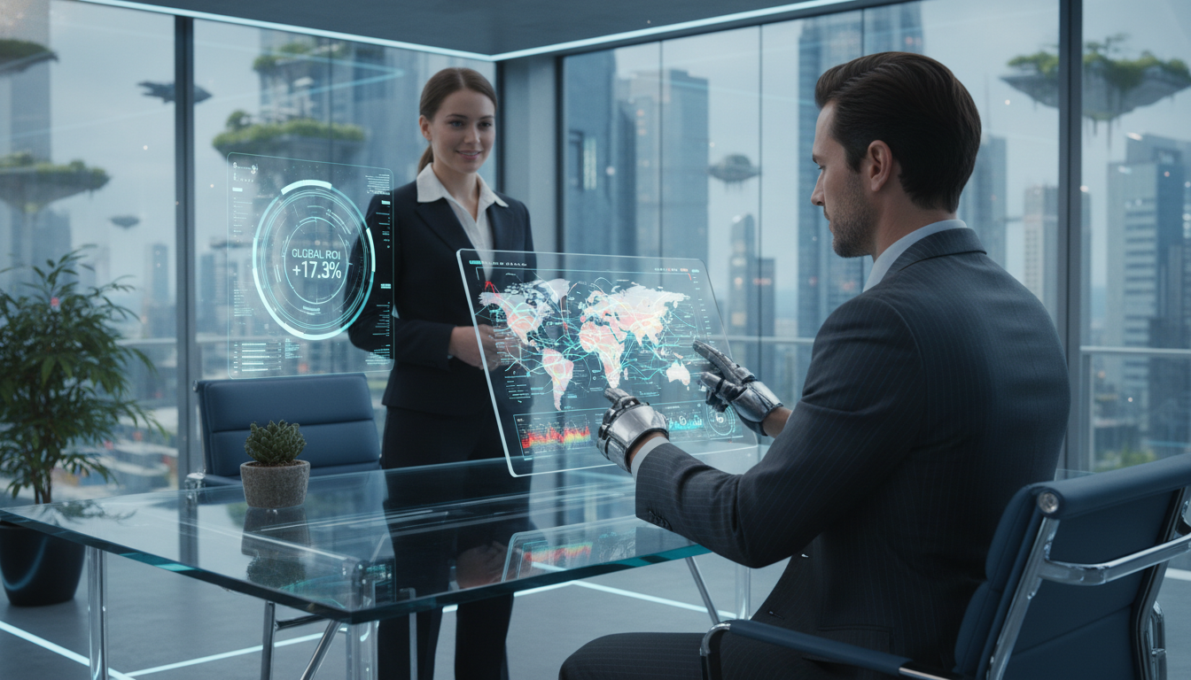 A detailed, photorealistic image of a futuristic workspace where an investor interacts with a sleek, minimalist tablet showing complex data visualizations of global capital flows and risk assessment maps.