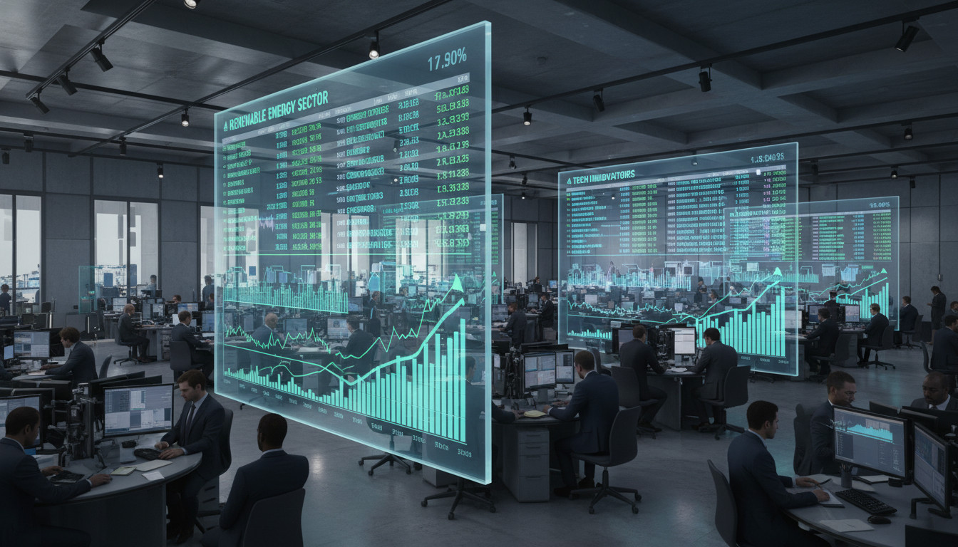 A wide-angle view of a modern stock exchange trading floor with large, transparent holographic displays showing real-time data for renewable energy and tech stocks, diverse professional traders in business attire looking focused, cinematic lighting, ultra-detailed.