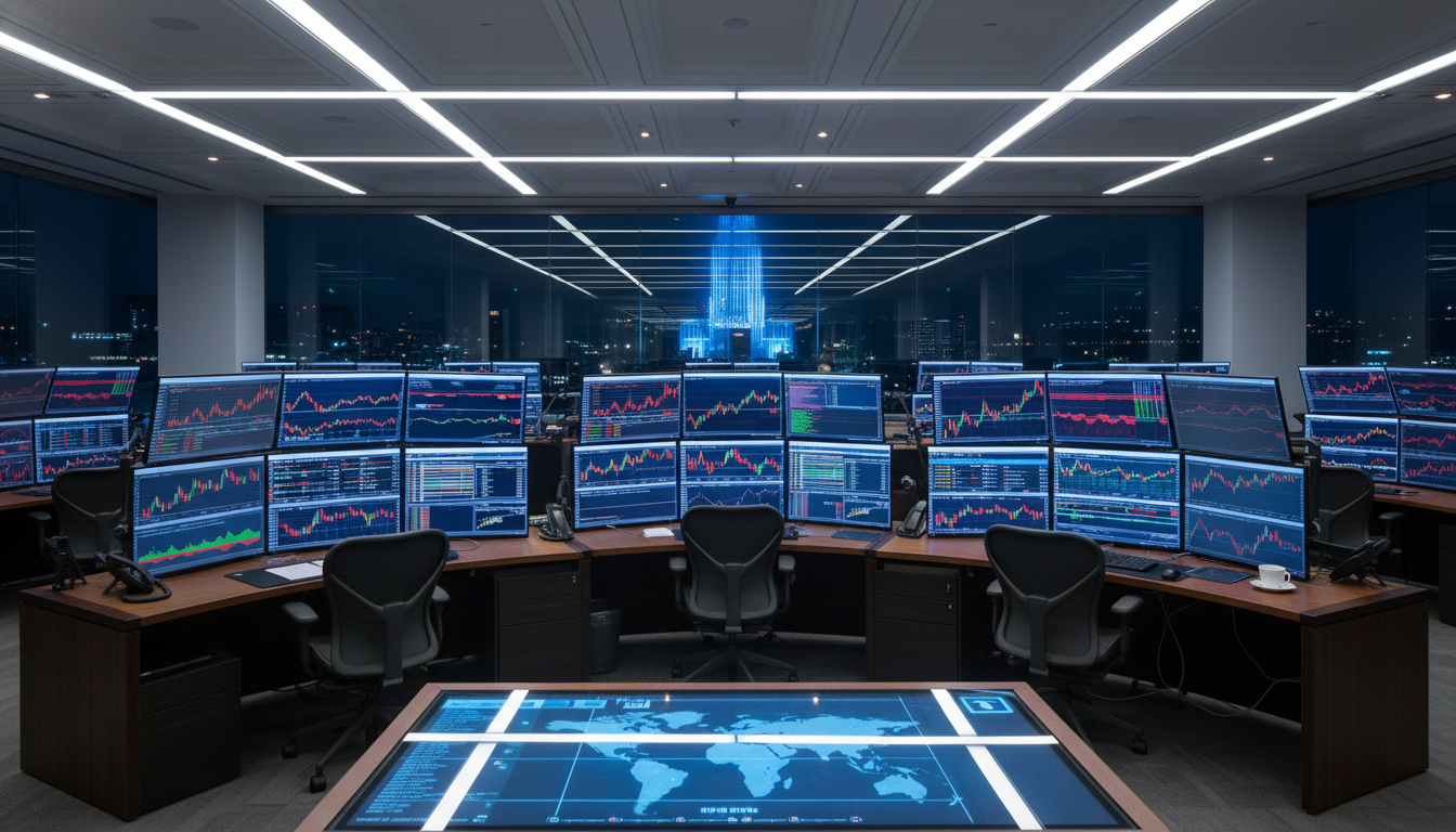 A high-tech institutional trading room interior with multiple curved monitors displaying complex financial data visualizations, heatmaps, and candlestick charts, with a soft ambient blue light, high-end professional photography style.