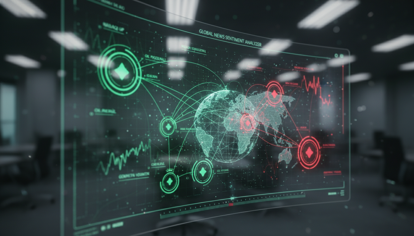 A close-up of a sophisticated computer interface displaying a sentiment analysis heat map of global news feeds, with green and red nodes connecting various economic indicators, photorealistic, professional studio lighting.
