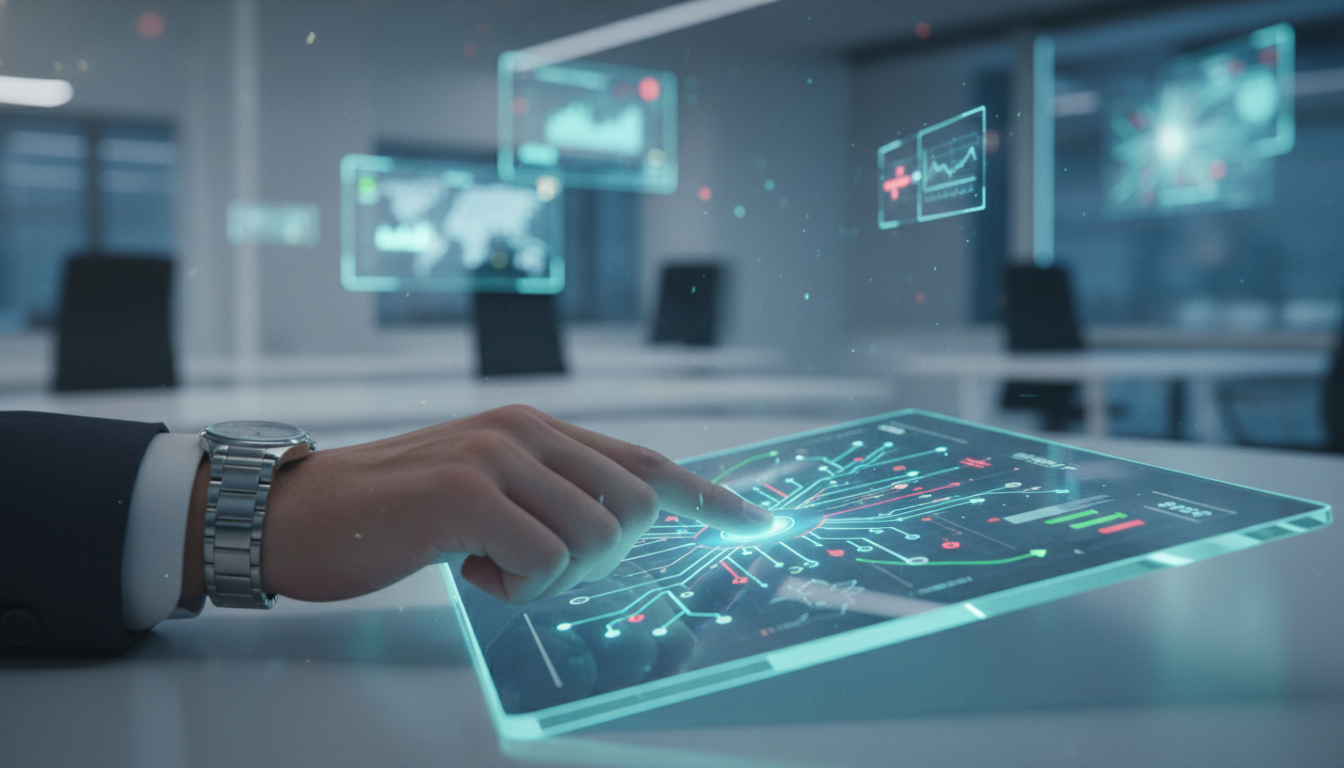 A close-up shot of a professional investor's hand interacting with a sleek, translucent glass tablet displaying complex cryptographic security protocols and real-time stock market fluctuations, futuristic office background, professional atmosphere, photorealistic.