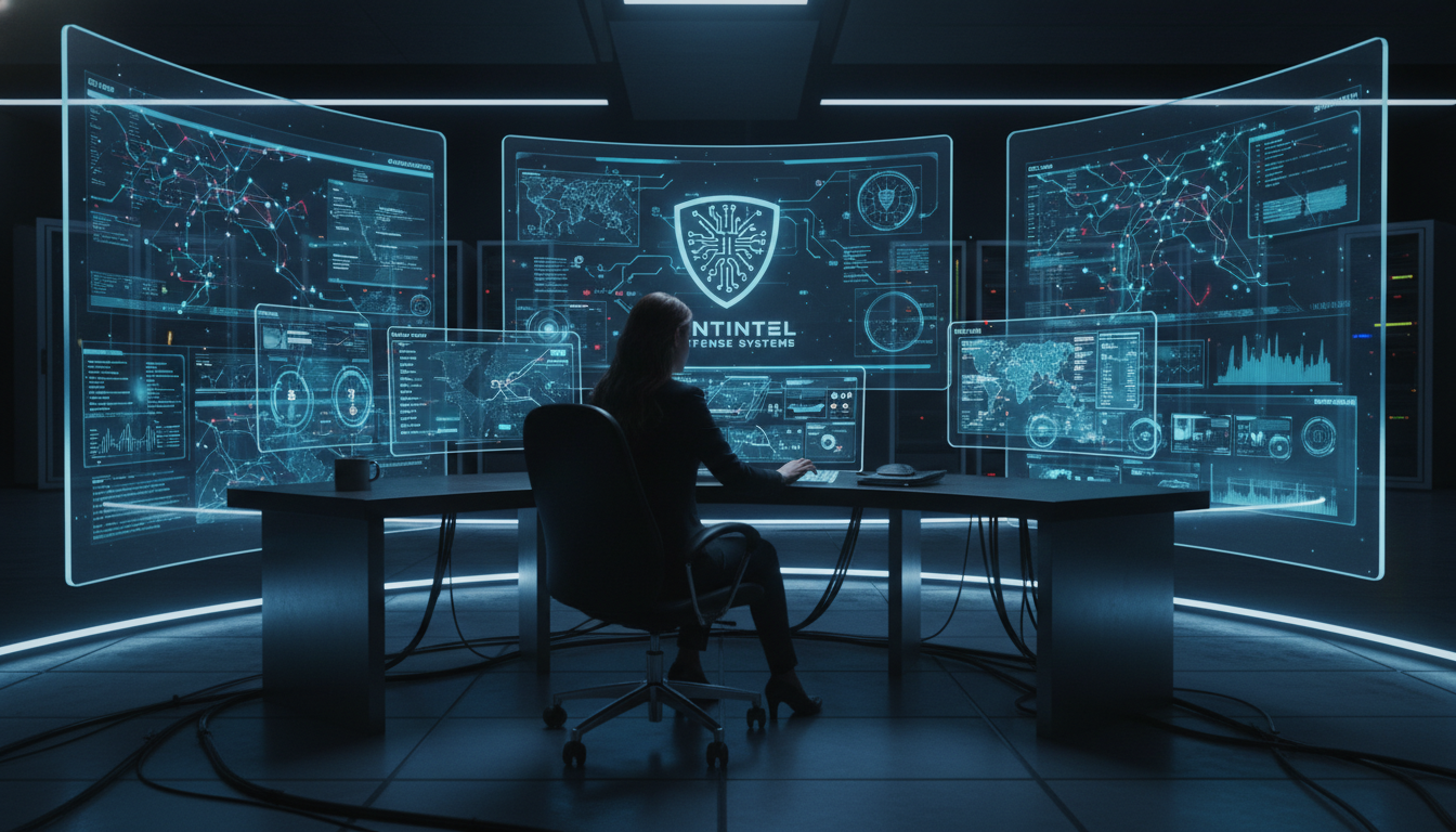 A professional cybersecurity analyst working in a darkened high-tech room with multiple transparent glass screens displaying digital security maps and encrypted data streams, cinematic lighting, photorealistic.