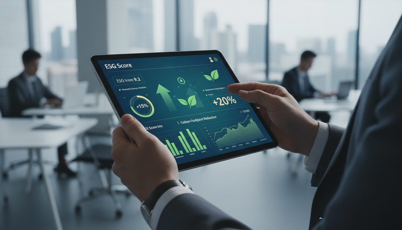 A close-up of a high-end tablet displaying a sophisticated financial dashboard with green growth icons and sustainability metrics, held by a person in a professional suit, blurred modern office background, professional photography, soft natural lighting.